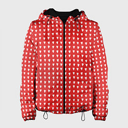 Куртка с капюшоном женская Красные сердечки паттерн, цвет: 3D-черный