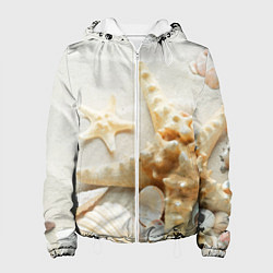 Куртка с капюшоном женская Морские звёзды и ракушки на океанском берегу, цвет: 3D-белый