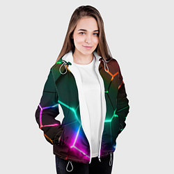 Куртка с капюшоном женская Радужный градиент неоновые геометрические плиты, цвет: 3D-белый — фото 2