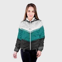 Куртка с капюшоном женская Абстрактный полосатый серо-бирюзовый узор, цвет: 3D-белый — фото 2