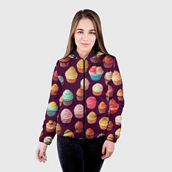 Куртка с капюшоном женская Много нарисованных капкейков, цвет: 3D-черный — фото 2