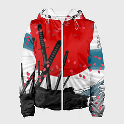 Куртка с капюшоном женская Солнце, волны и катаны, цвет: 3D-белый