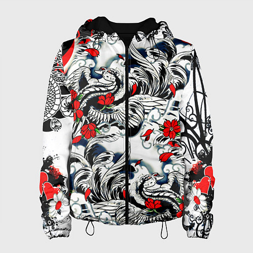 Женская куртка Красные цветы и птицы / 3D-Черный – фото 1
