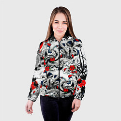 Куртка с капюшоном женская Красные цветы и птицы, цвет: 3D-черный — фото 2