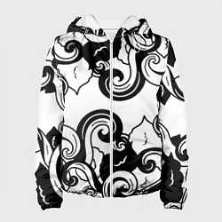 Куртка с капюшоном женская Черные волнистые узоры на белом, цвет: 3D-белый