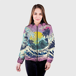 Куртка с капюшоном женская Штормовые океанские волны и пальмы, цвет: 3D-черный — фото 2