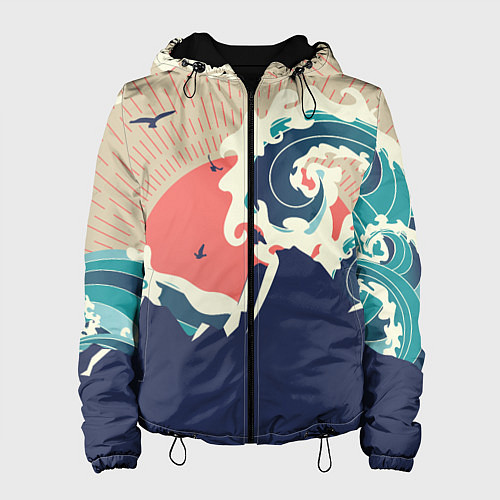 Женская куртка Большая океанская волна и силуэт пустынного остров / 3D-Черный – фото 1