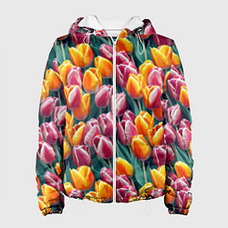 Куртка с капюшоном женская Роскошные тюльпаны, цвет: 3D-белый