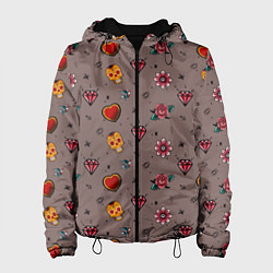 Куртка с капюшоном женская Паттерн с татуировками в стиле олдскул, цвет: 3D-черный