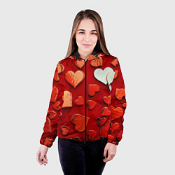 Куртка с капюшоном женская Красные сердца на красном фоне, цвет: 3D-черный — фото 2