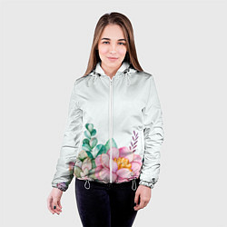 Куртка с капюшоном женская Цветы нарисованные акварелью - снизу, цвет: 3D-белый — фото 2