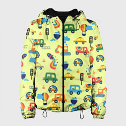 Куртка с капюшоном женская Радуга и машинки - паттерн зеленый, цвет: 3D-черный