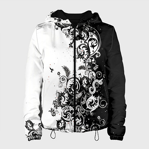 Женская куртка Черно-белая птица среди узорчатых цветов / 3D-Черный – фото 1