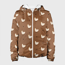 Куртка с капюшоном женская Гуси и травка - паттерн коричневый, цвет: 3D-белый
