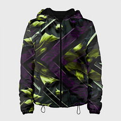 Куртка с капюшоном женская Зеленые листья и фиолетовые вставки, цвет: 3D-черный