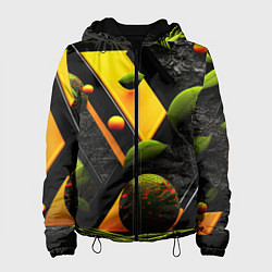 Куртка с капюшоном женская Объемные зеленые листья, цвет: 3D-черный