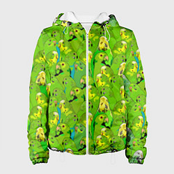 Куртка с капюшоном женская Зеленые волнистые попугайчики, цвет: 3D-белый