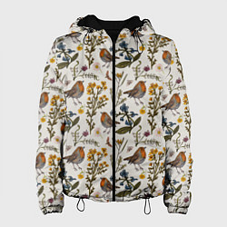 Куртка с капюшоном женская Птицы малиновки и зверобой, цвет: 3D-черный