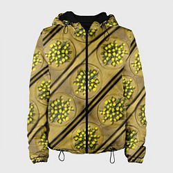 Куртка с капюшоном женская Лютики-цветочки деревянная текстура, цвет: 3D-черный