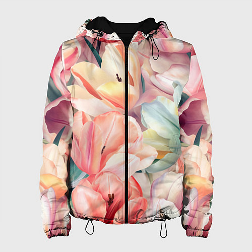 Женская куртка Разноцветные пастельные тюльпаны - паттерн / 3D-Черный – фото 1