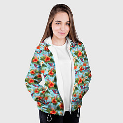 Куртка с капюшоном женская Разные гавайские цветочки, цвет: 3D-белый — фото 2