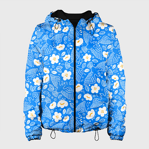 Женская куртка Белые птицы голуби и цветы яблони на синем фоне не / 3D-Черный – фото 1