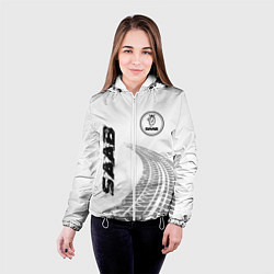Куртка с капюшоном женская Saab speed на светлом фоне со следами шин: надпись, цвет: 3D-белый — фото 2