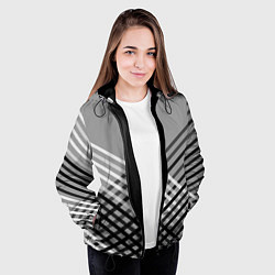Куртка с капюшоном женская Косые черно-белые полосы на сером, цвет: 3D-черный — фото 2