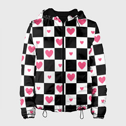 Куртка с капюшоном женская Розовые сердечки на фоне шахматной черно-белой дос, цвет: 3D-черный