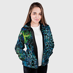 Куртка с капюшоном женская Мозаичный узор в синих и зеленых тонах, цвет: 3D-черный — фото 2