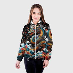 Куртка с капюшоном женская Дракон на волнах в японском стиле арт, цвет: 3D-белый — фото 2