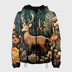 Куртка с капюшоном женская Лесной олень в стиле фолк-арт, цвет: 3D-черный