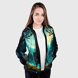 Куртка с капюшоном женская Волк в ночном лесу фолк-арт, цвет: 3D-черный — фото 2