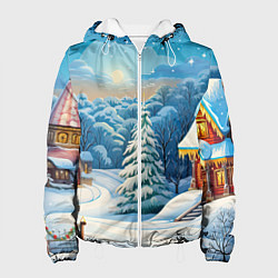 Куртка с капюшоном женская Зимний домик и елка, цвет: 3D-белый