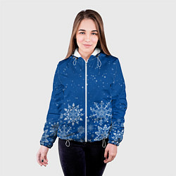Куртка с капюшоном женская Текстура снежинок на синем фоне, цвет: 3D-белый — фото 2