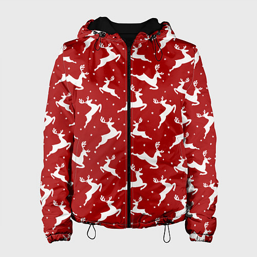 Женская куртка Красный паттерн с новогодними оленями / 3D-Черный – фото 1