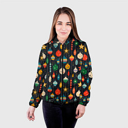 Куртка с капюшоном женская Новогодние ёлочные игрушки на черном фоне, цвет: 3D-черный — фото 2
