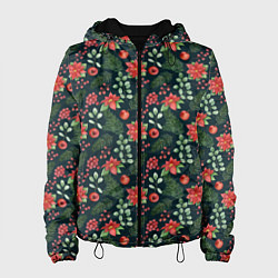 Куртка с капюшоном женская Новогодние цветы, цвет: 3D-черный