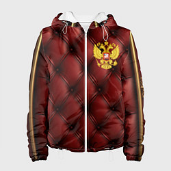 Куртка с капюшоном женская Золотой герб России на красном кожаном фоне, цвет: 3D-белый