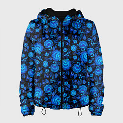 Куртка с капюшоном женская Новогодняя гжельская роспись чёрный фон, цвет: 3D-черный