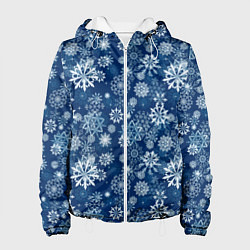 Куртка с капюшоном женская Snowflakes on a blue background, цвет: 3D-белый