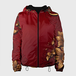Куртка с капюшоном женская Узоры золотые на красном фоне, цвет: 3D-черный