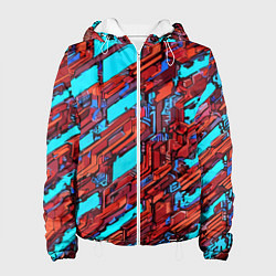 Куртка с капюшоном женская Красные фрагменты на голубом фоне, цвет: 3D-белый