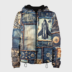 Куртка с капюшоном женская Космический корабль - пэчворк, цвет: 3D-черный