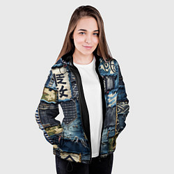 Куртка с капюшоном женская Иероглифы на пэчворк дениме, цвет: 3D-черный — фото 2