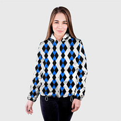 Куртка с капюшоном женская Чёрные и синие ромбы на белом фоне, цвет: 3D-белый — фото 2