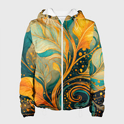 Куртка с капюшоном женская Золотые и бирюзовые листья абстракция, цвет: 3D-белый