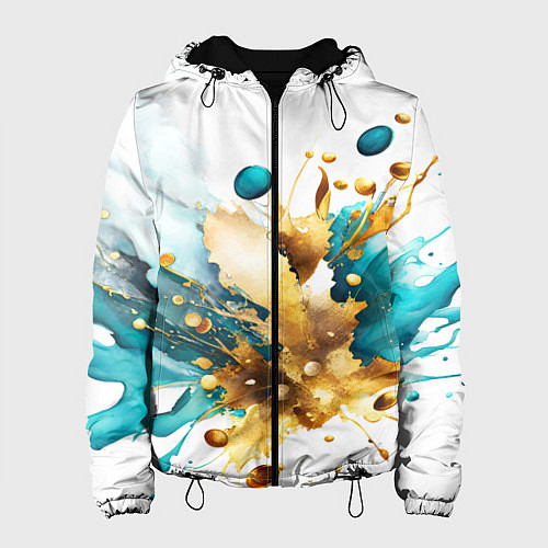 Женская куртка Бирюзово голубая абстракция, брызги краски на бело / 3D-Черный – фото 1