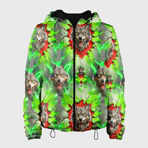Женская куртка Волки из зеленого паттерна / 3D-Черный – фото 1