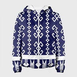Куртка с капюшоном женская Орнамент этника на синем, цвет: 3D-белый